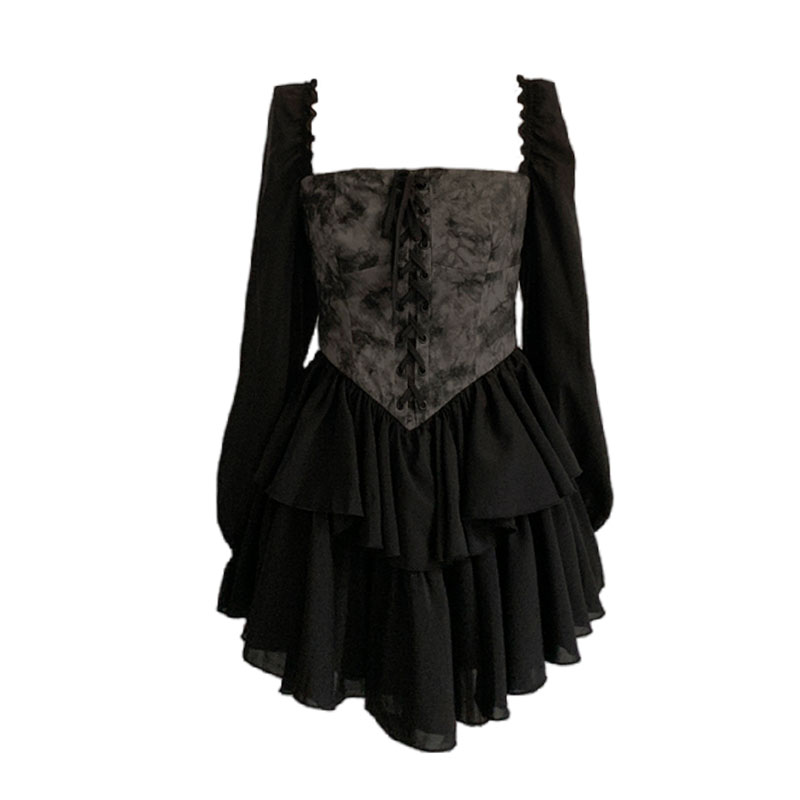 万圣节2023秋暗黑系浪漫小众设计感扎染不规则收腰蓬蓬裙洋装女