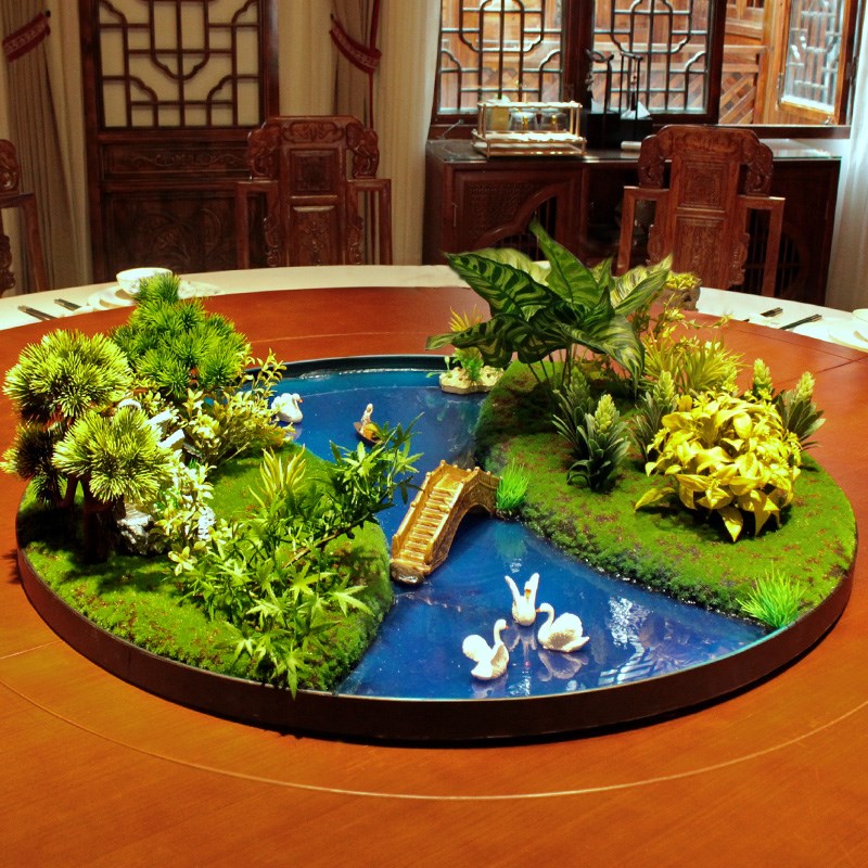 新中式转盘d中间摆花酒店大圆桌装饰摆件桌花圆形微缩景观餐桌摆