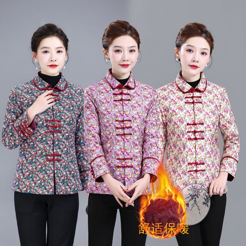 秋季复古夹棉小棉衣中o老年女装盘扣碎花洋气旗袍短款上衣外套女