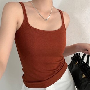 秋冬磨毛螺纹小方领红色背心吊带内衣女自带胸垫内搭一体杯打底衫