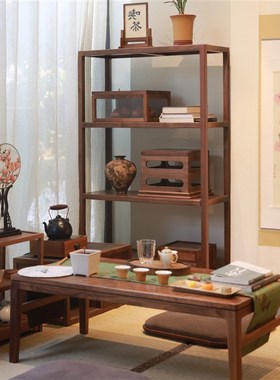 三层器物架黑胡桃木实木茶室榻榻米禅意新中式置物收纳架