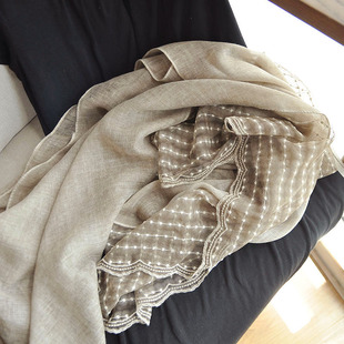 蕾丝刺绣 棉麻薄款围巾亚麻色文艺时尚女披肩春秋冬洋气礼物丝巾