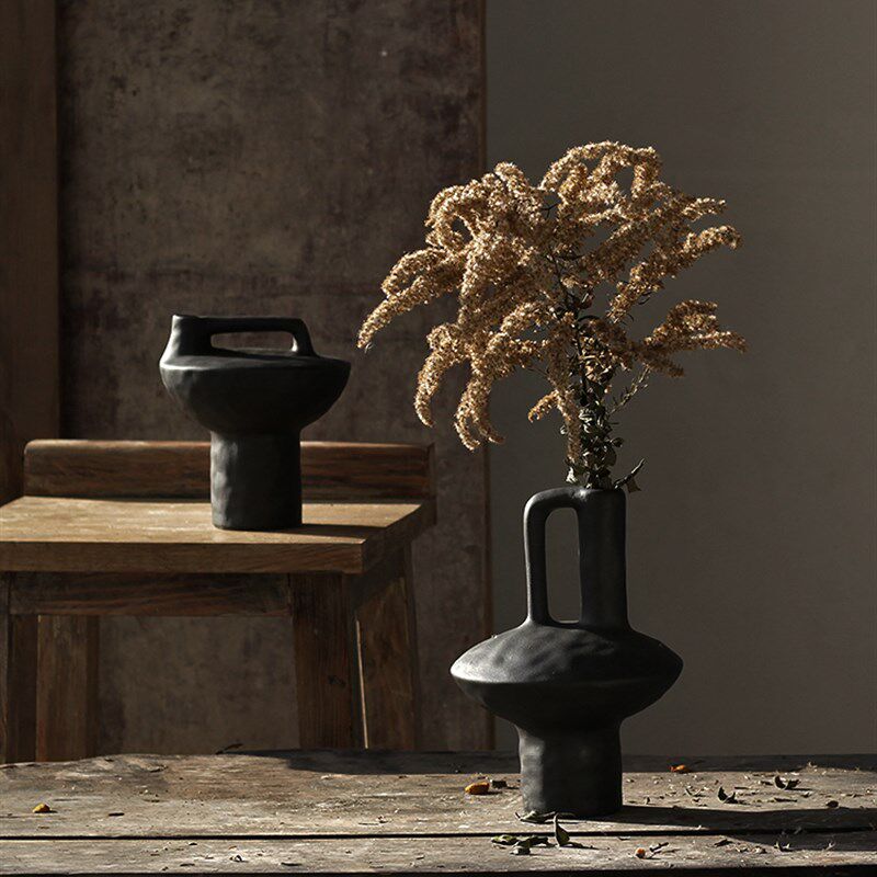 黑色日式侘寂风陶瓷花瓶摆件居家样板房间客厅博古架装饰品软装