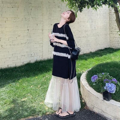 蕾丝拼接黑色T恤套装裙女2025夏新款时尚遮肉显瘦气质休闲 两