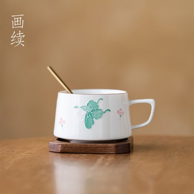 画续白瓷手绘青黛蝶舞敛口咖啡杯釉下彩喝茶杯陶瓷办公室喝水杯子