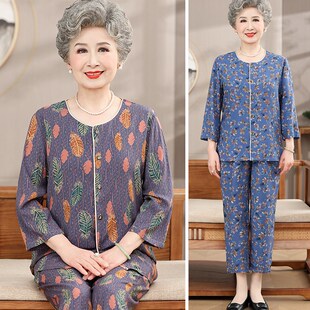 套装 妈妈装 新款 中老年女装 开衫 夏季 大码 老人衣服太太 夏棉绸奶奶装