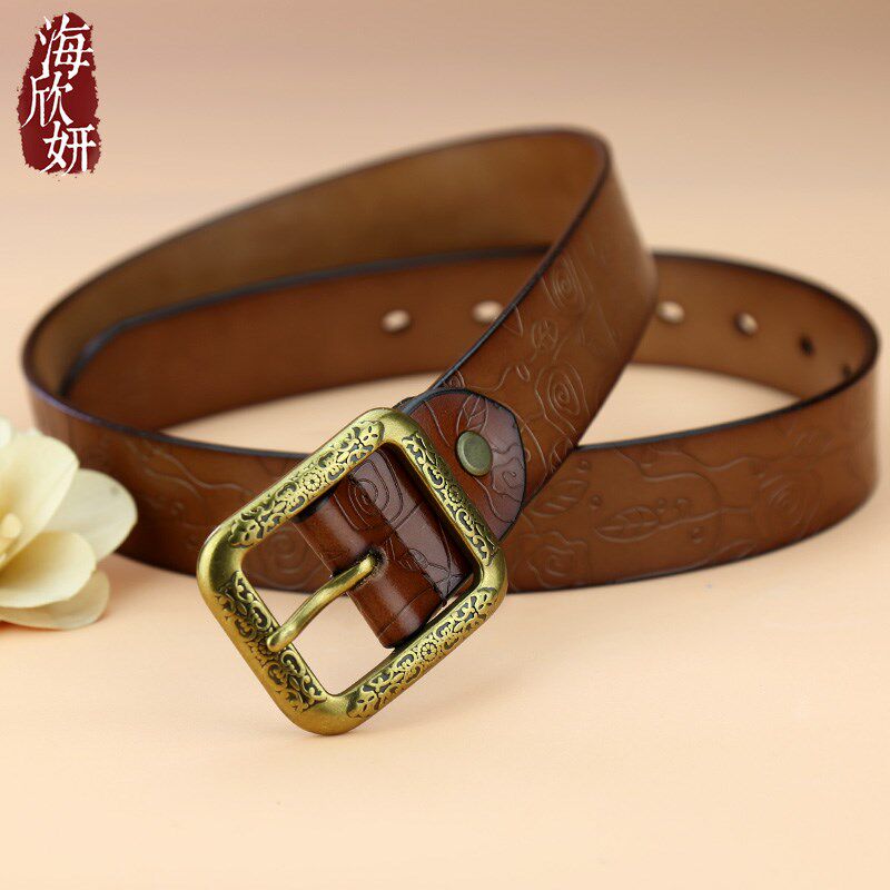 皮带女生真皮牛皮棕咖色复古宽腰带时尚百搭装饰配裙休闲牛仔裤带