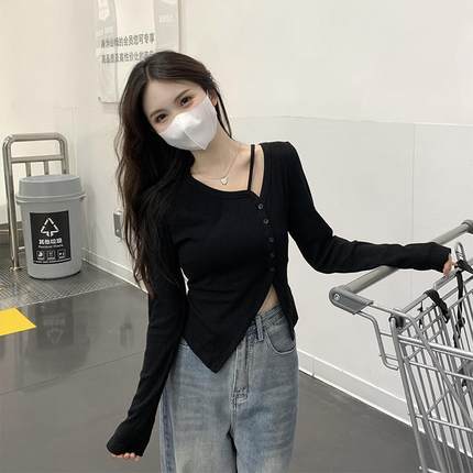 立旭黑色针织开衫女薄款春秋季设计感小众内搭修身长袖不规则辣妹