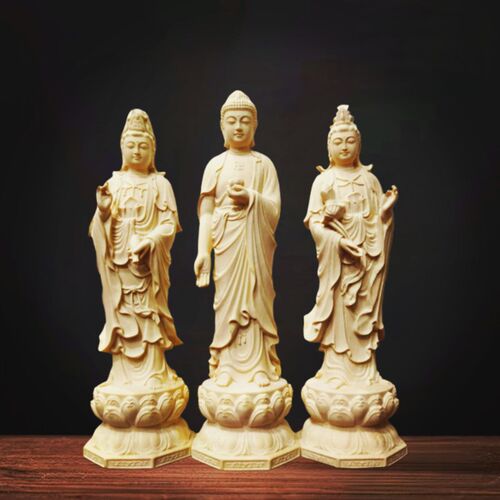 黄杨木雕刻西方三圣阿弥陀佛大势至观音菩萨佛像家里供奉车载摆件