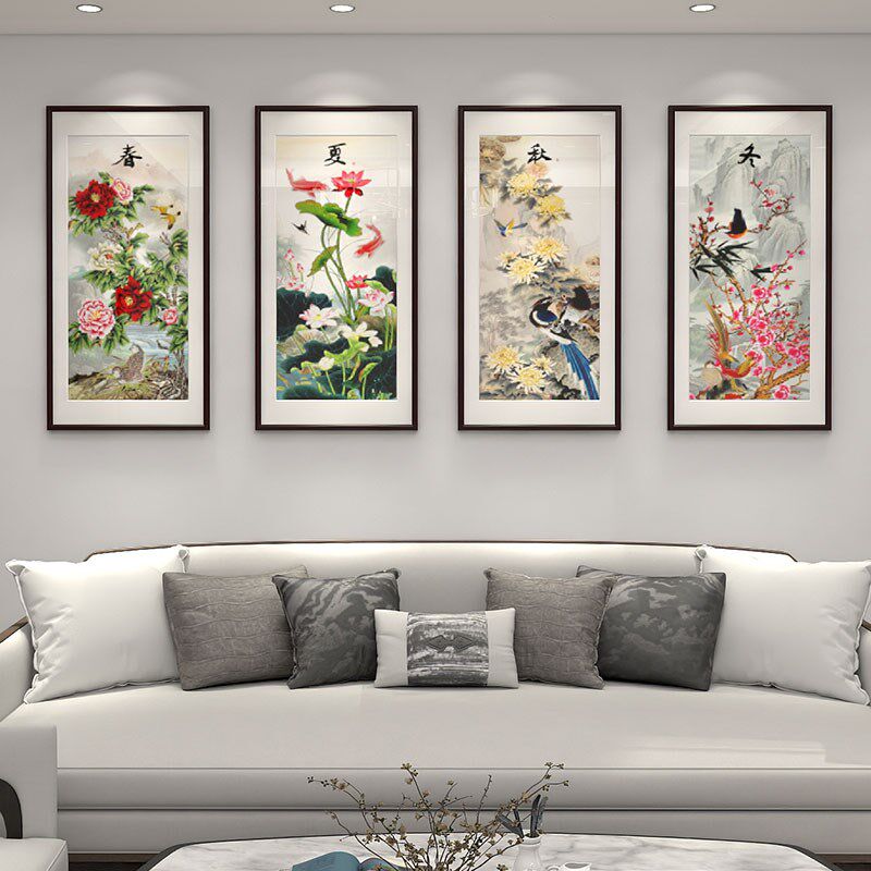 春夏秋冬挂画中式客厅装饰画四季风景山水画茶室壁画四联宣纸装裱