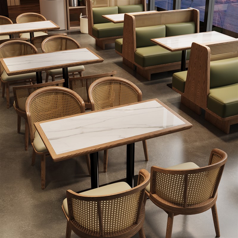 定制卡座沙发主题饭厅实木餐椅藤编东南亚靠墙餐饮桌椅组合商用