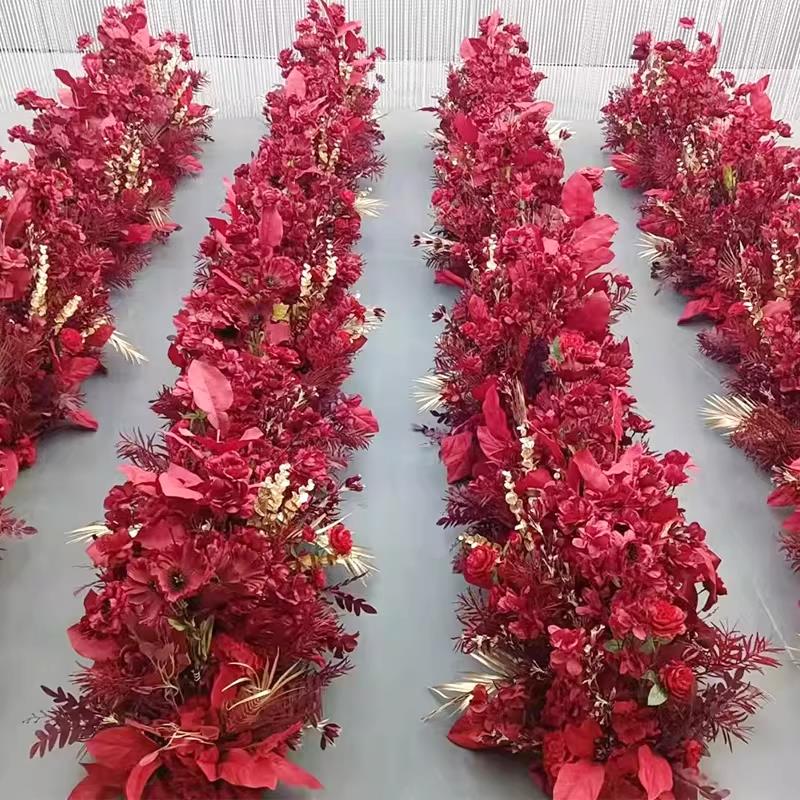 红色地排花中式婚礼婚庆花排假花农村结婚仿真花假花花艺场景装饰
