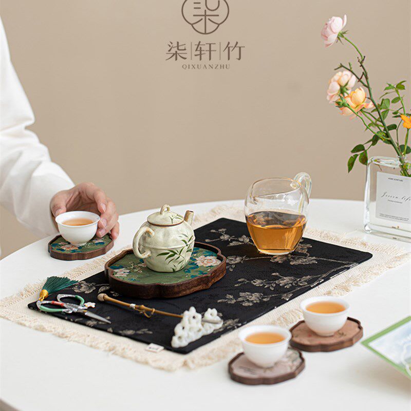 麒轩竹禅白梅锦干茶席中国风防水保温流苏布席桌旗茶道配件
