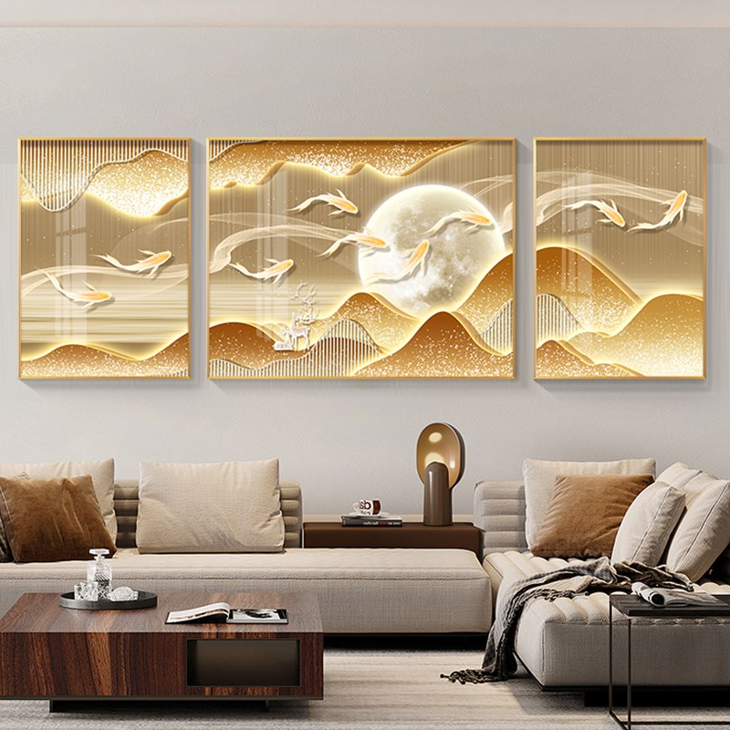 九鱼图客厅装饰画轻奢风锦鲤沙发背景墙挂画大厅金色三联画壁画