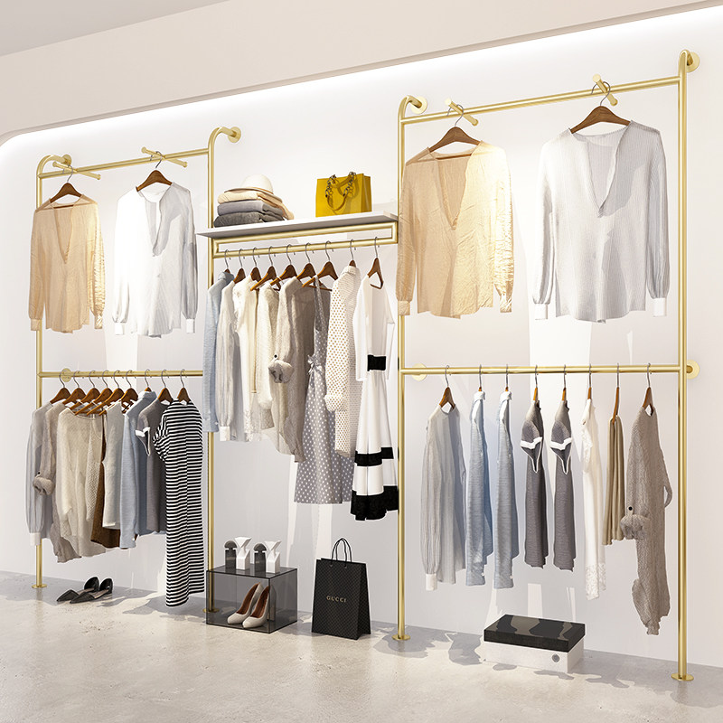 服装店展示架上墙陈列架女装货架睡衣店金色挂衣架双层衣服高架子