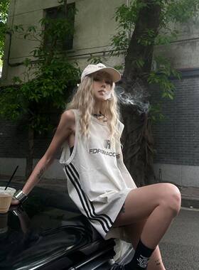 美式复古运动背心女外穿夏季侧边条纹无袖t恤街头风宽松坎肩上衣