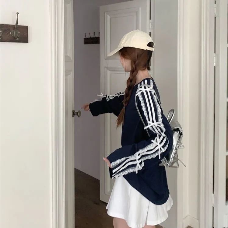 设计感蕾丝边蝴蝶结防晒衣T恤长袖女春夏新款宽松休闲中长款上衣