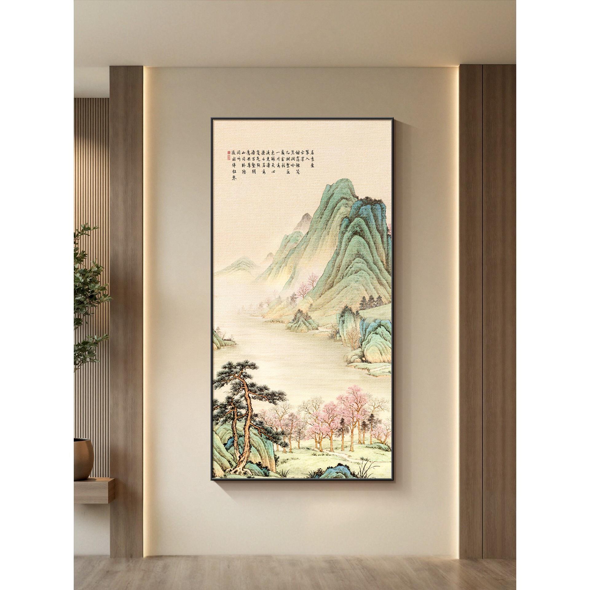 山水画玄关装饰画新中式走廊尽头挂画高级感入户画竖版客厅过道画