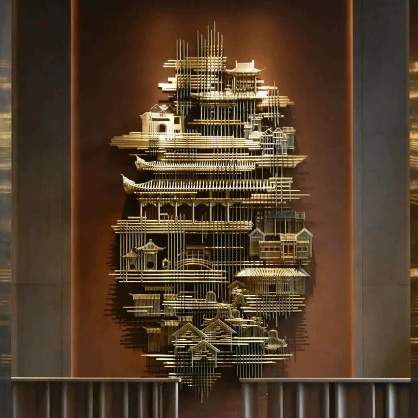 店大堂现代装饰画中式大型3D建筑立体高级艺术装置背景墙饰挂画