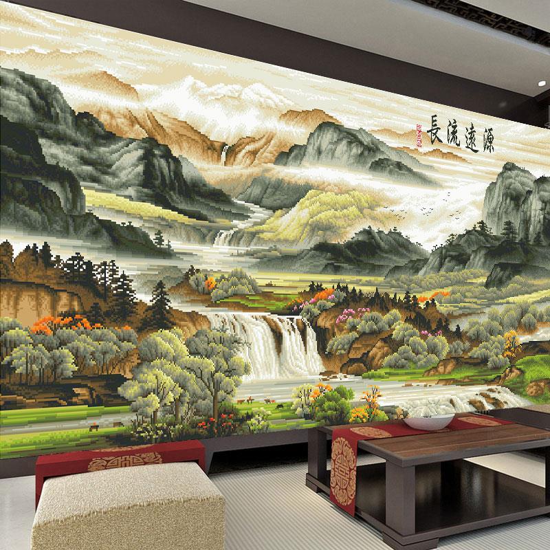 源远流长十字绣线绣新款2025客厅满绣印花风景山水画中式中国古典