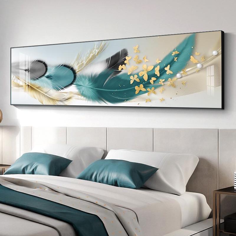 轻奢风卧室床头羽毛装饰画现代简约主卧背景墙挂画高档晶瓷画壁画
