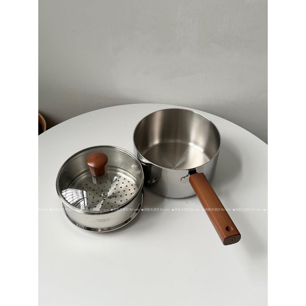 无涂层316L!加厚不锈钢奶锅宝宝辅食锅蒸煮一体煮汤锅蒸锅煮面锅