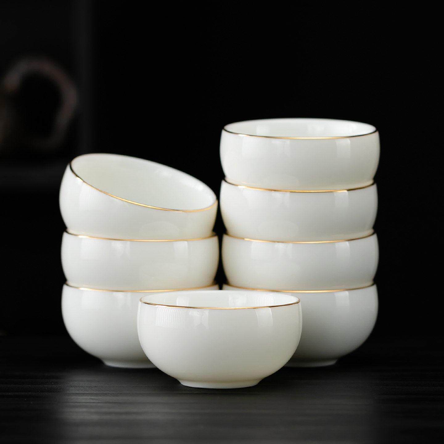 景德镇德化羊脂玉白瓷茶杯8个装陶瓷功夫茶具描金品茗杯6祇装小茶
