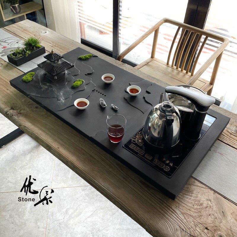 整体黑金石茶盘沸水一体创意沉香茶海家用功夫茶套装客厅大茶几自
