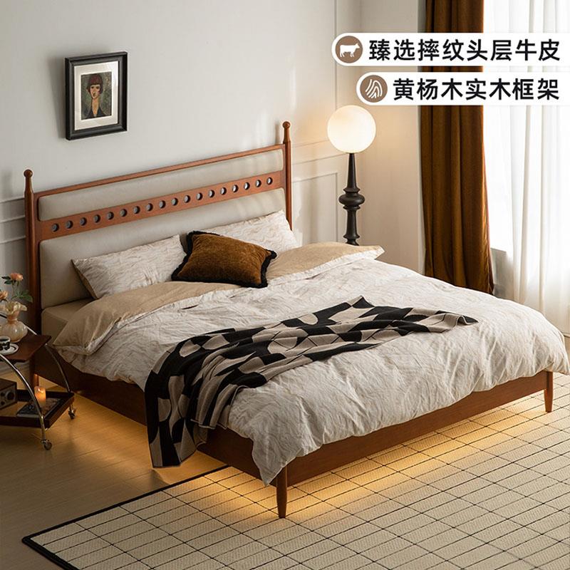 法式复古床1米8橡木实木床中古床软包双人床轻法式落地床皮艺床