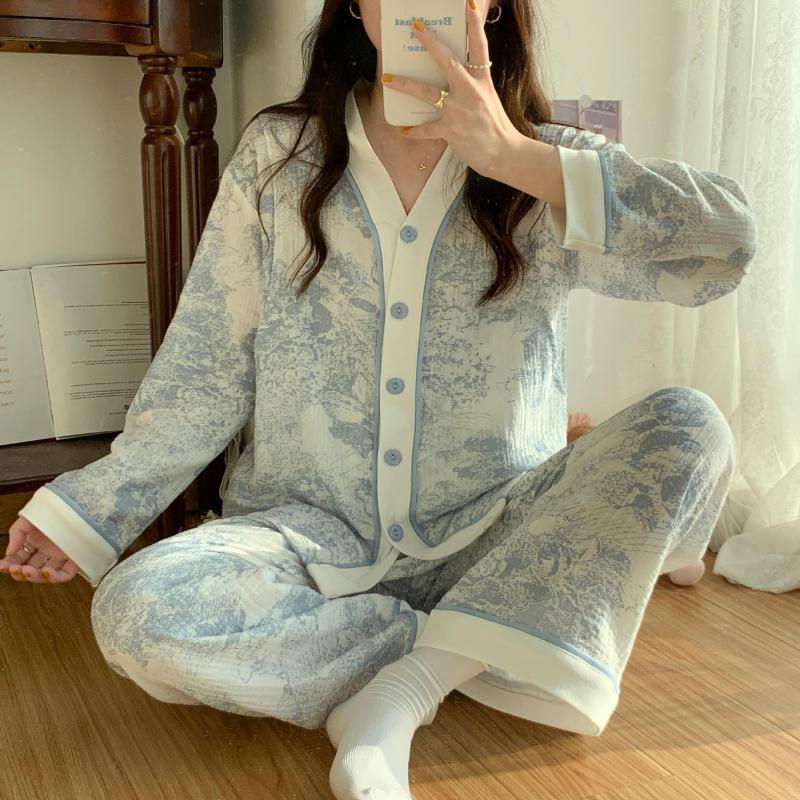 夏季棉纱青花瓷孕妇套装春秋薄款绉布产后哺乳衣大码月子服喂奶衣