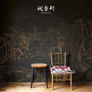 轻奢壁纸高档手绘楼阁沙发电视背景墙壁画复古酒店墙布 润黎斯法式
