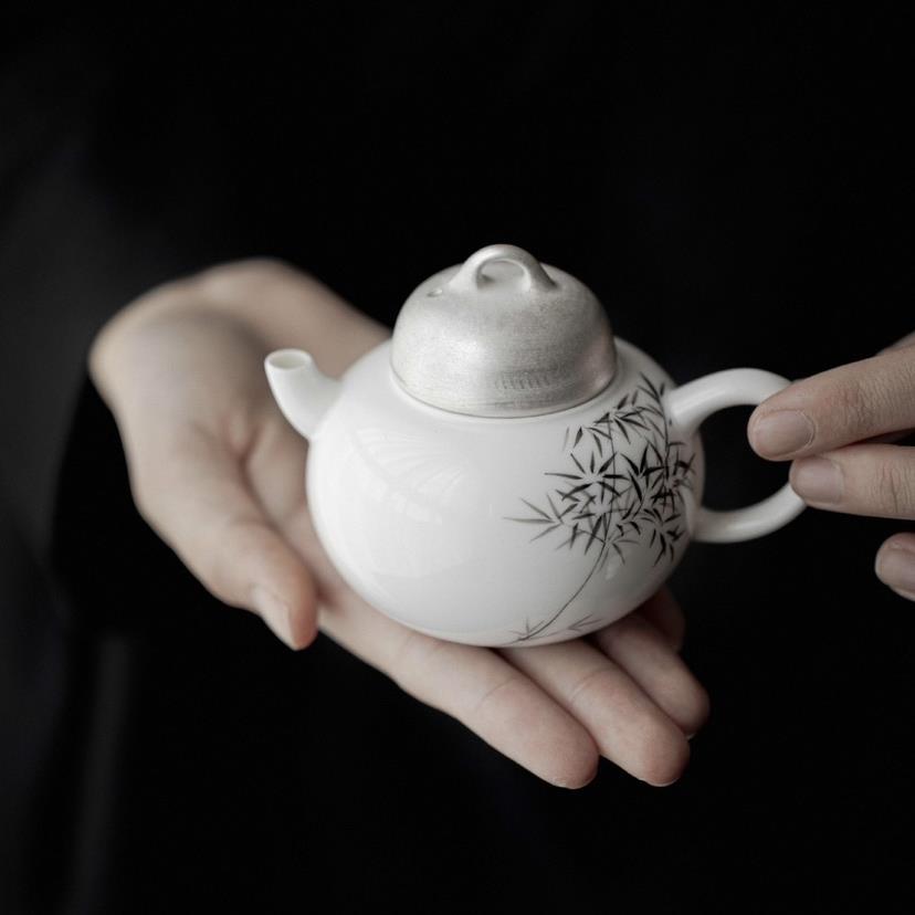 复古手绘墨竹茶壶家用陶瓷带过滤泡茶壶功夫茶具鎏银口小壶泡茶器