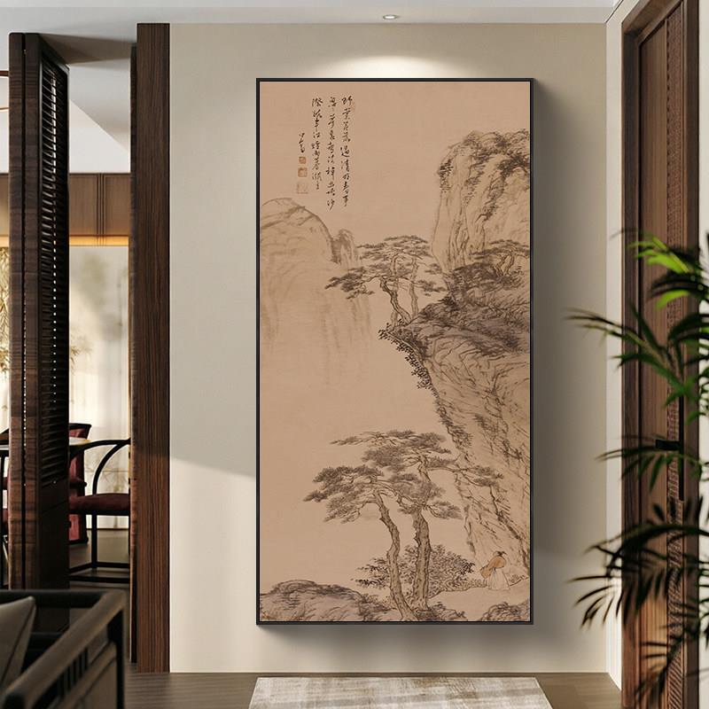 迎客松新中式入户玄关装饰画正对门竖版宋代美学软装挂画走廊壁画