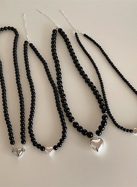 黑色珍珠串珠金属爱心项链女设计感小众复古个性百搭颈链锁骨链