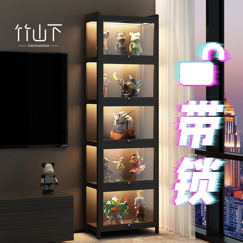 手办展示柜带锁带灯家用落地模型收纳置物架透明亚克力多层收纳柜