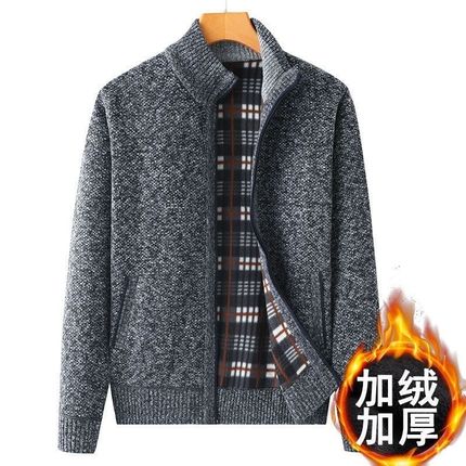 中年男士保暖开衫爸爸外套加绒加厚秋冬J针织大码毛衣中老年人男