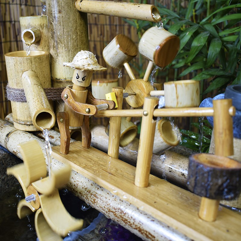 竹子风水轮水车古人舂米旋转石磨鱼缸过滤器 竹人竹子流水器摆件