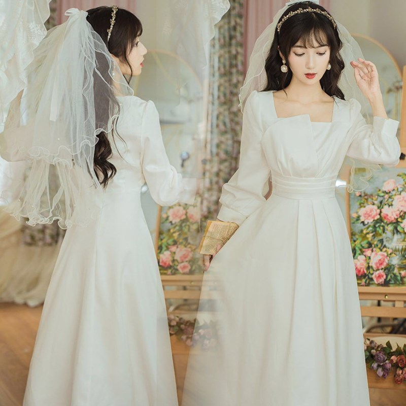 登记领证小白裙春夏n高级感长袖个子轻婚纱礼服订婚连衣裙平时可