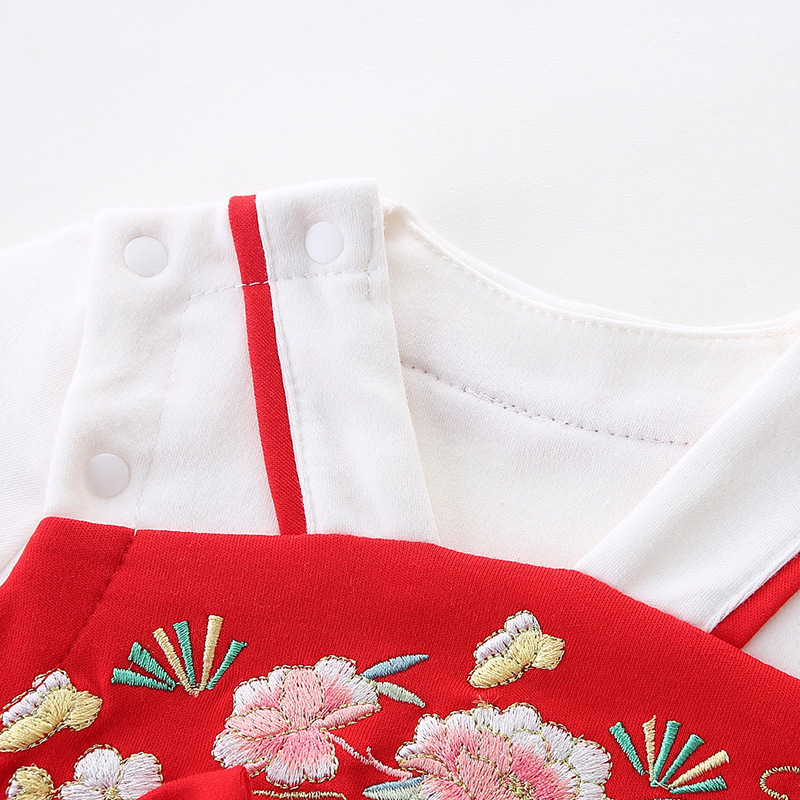 婴儿拜年服连体衣红色春秋新生儿衣服女宝宝满P月百天抓周礼服唐