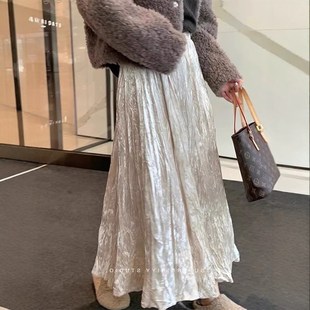 复古褶皱珠光丝绒孕妇半身裙秋冬外穿宽松韩版 百褶显瘦托腹鱼尾裙