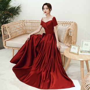 敬酒服新娘酒红色晚礼服女修身 新款 显瘦一字肩方领X订婚回门礼服