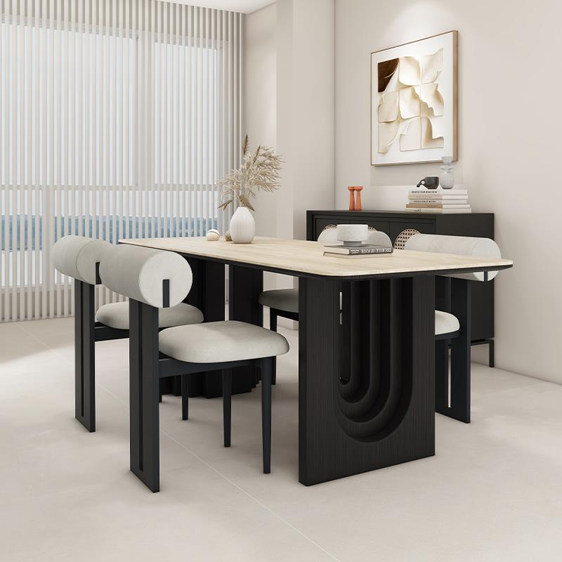 博宇家俱洞石岩板餐桌中古风北欧侘寂家用长方形法式岩板实木长桌