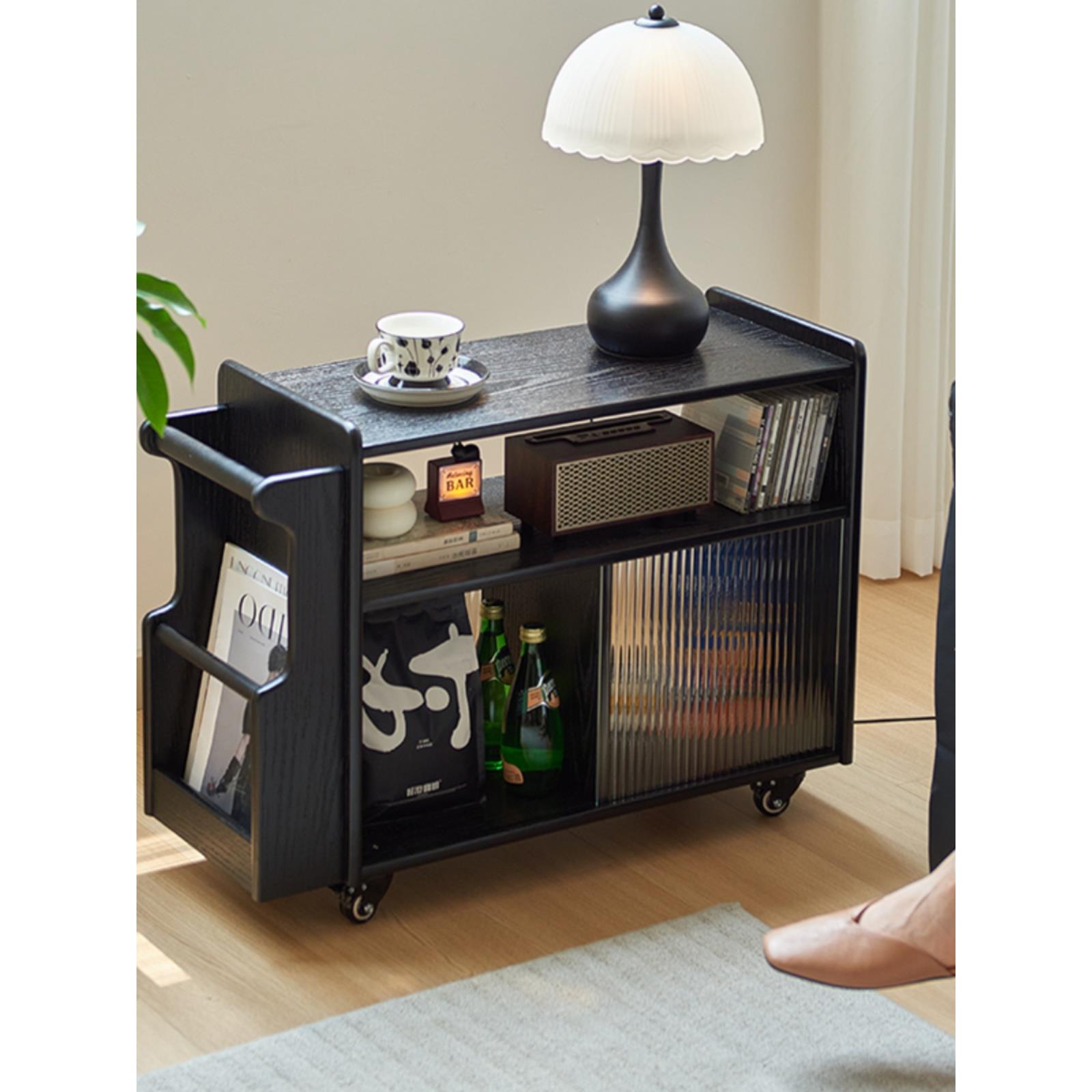 木公社实木边几移动小茶几客厅沙发侧边柜小推车储物柜黑色置物架