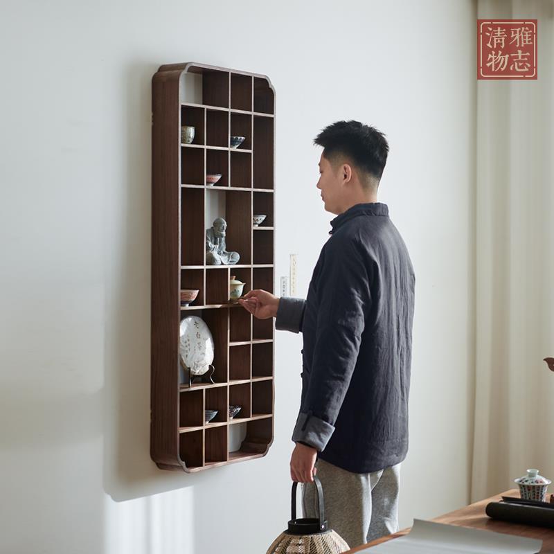 北美黑胡桃木壁挂式格子架茶室墙上博古架茶杯茶饼收纳展示多宝格