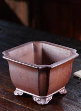 宜兴紫砂花盆柴烧切角四方正方形盆景盆中国风古典室内盆栽简约