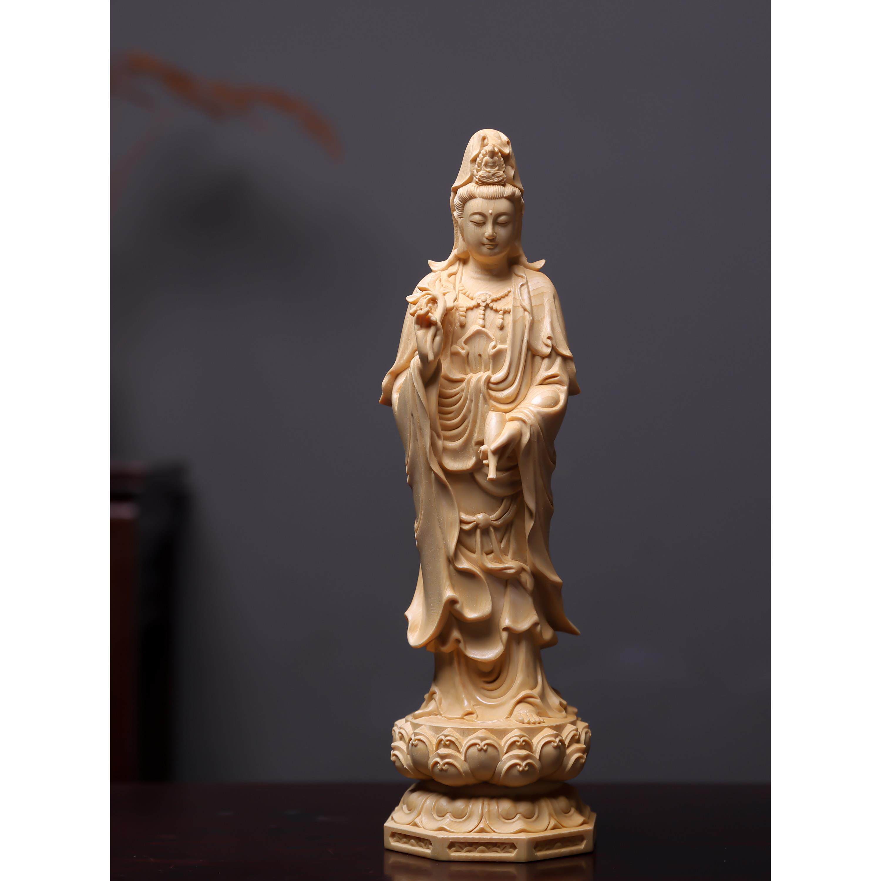 桧木精雕刻柳条净瓶观音菩萨佛像家用寺庙供奉神像摆件家居装饰品