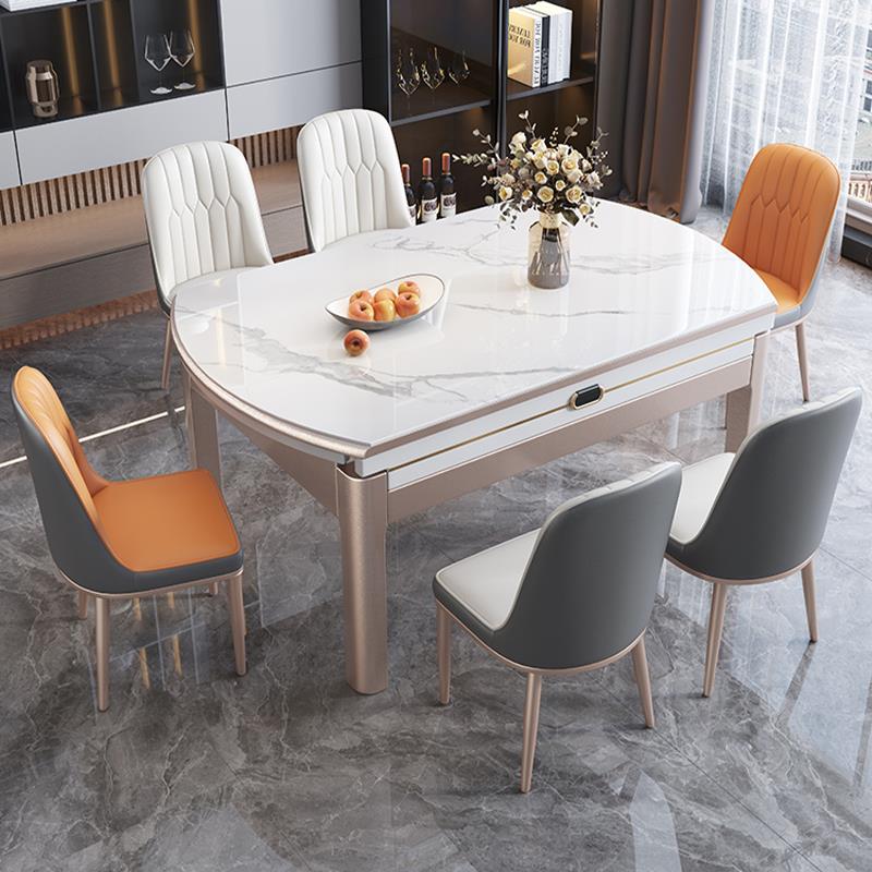 意式亮光岩板餐桌椅组合现代简约小户型家用伸缩轻奢两用实木饭桌