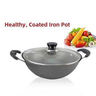 家用24cm26cm铸铁小炒锅 28炖锅炒菜锅带盖 铁锅平底铸铁锅双耳锅