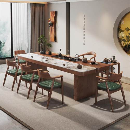 新中式实木大板茶台茶桌椅组合一桌五椅岩板办公家用功夫泡茶台