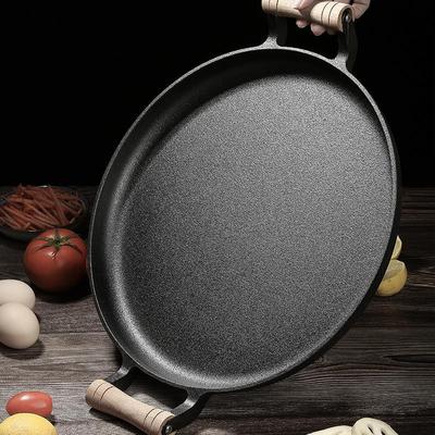 平底鏊子锅加厚木柄双耳无涂层不粘煎锅生铁煎饼果子锅烙饼锅饼铛